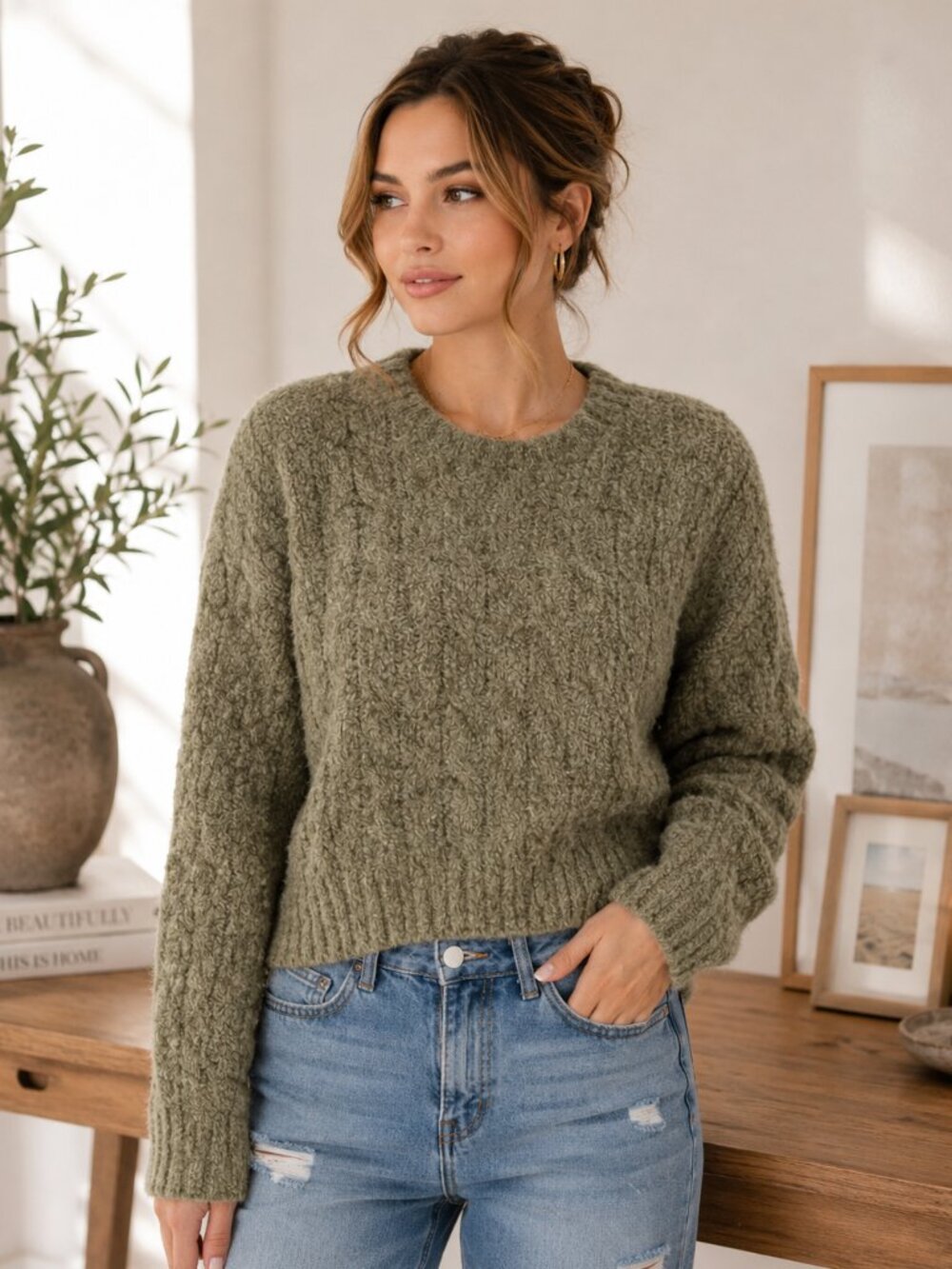 Jessica Simpson Sage Green Bouclé Knit Sweater | Size L